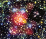 FAST探测到的在著名致密星系群“斯蒂芬五重星系”周围天区中的原子气体分布(用红色光晕显示：光晕越薄表示气体柱密度越低)。图中背景为用光学望远镜得到的彩色光学图像，“斯蒂芬五重星系”位于图像中间。嵌入图是韦布空间望远镜最近发布的红外波段彩图：蓝光和白光代表在近红外波段的恒星辐射，橙色光和红光代表在中红外波段的气体和尘埃辐射(图源：NASA、ESA、CSA、STScI)。 中科院国家天文台 供图 - 陕西新闻